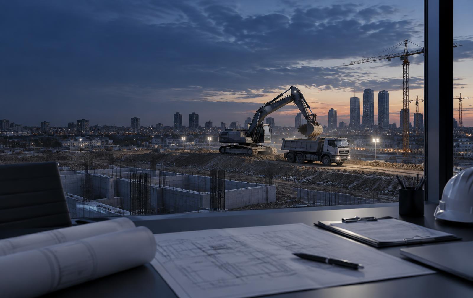 Documentación de obra y planos sobre una mesa de trabajo en una obra de construcción
